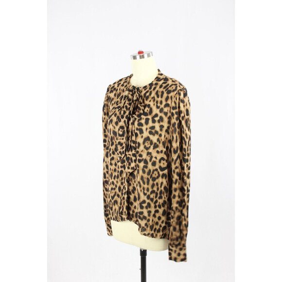 REFORMATION Marcy Leopard Print Georgette Neck Tie Button Up Blouse, Size L - Picture 5 of 12